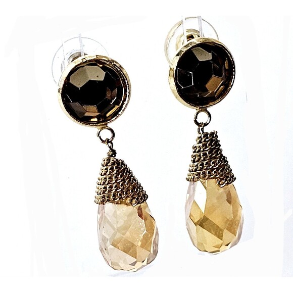 VTG Crystal Topaz Earrings Dangle Tear Drop Gold Tone Wire Wrap Stud 1.75" EUC - Picture 1 of 6